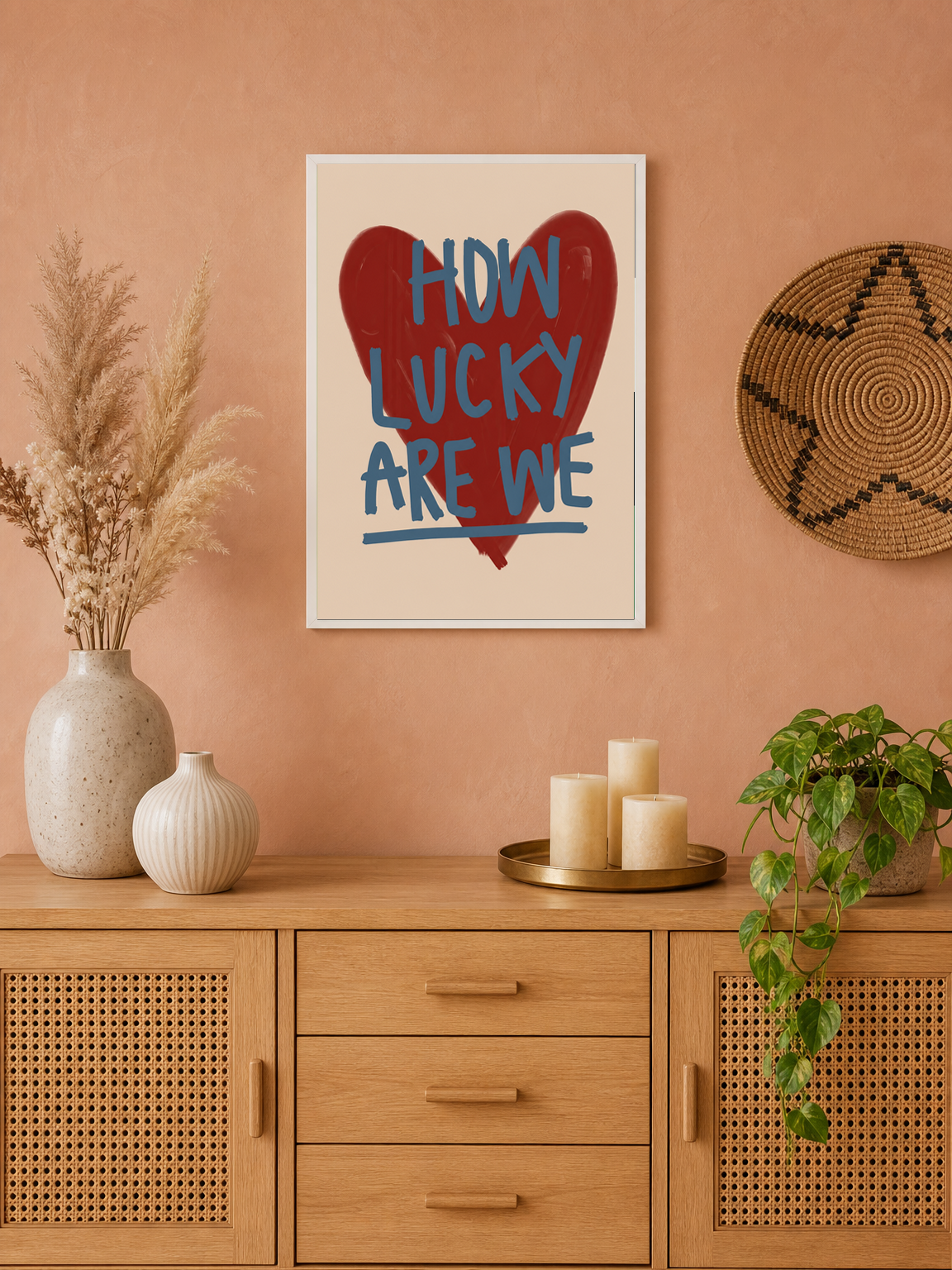 How Lucky Are We Heart Wall Art Print - white framed