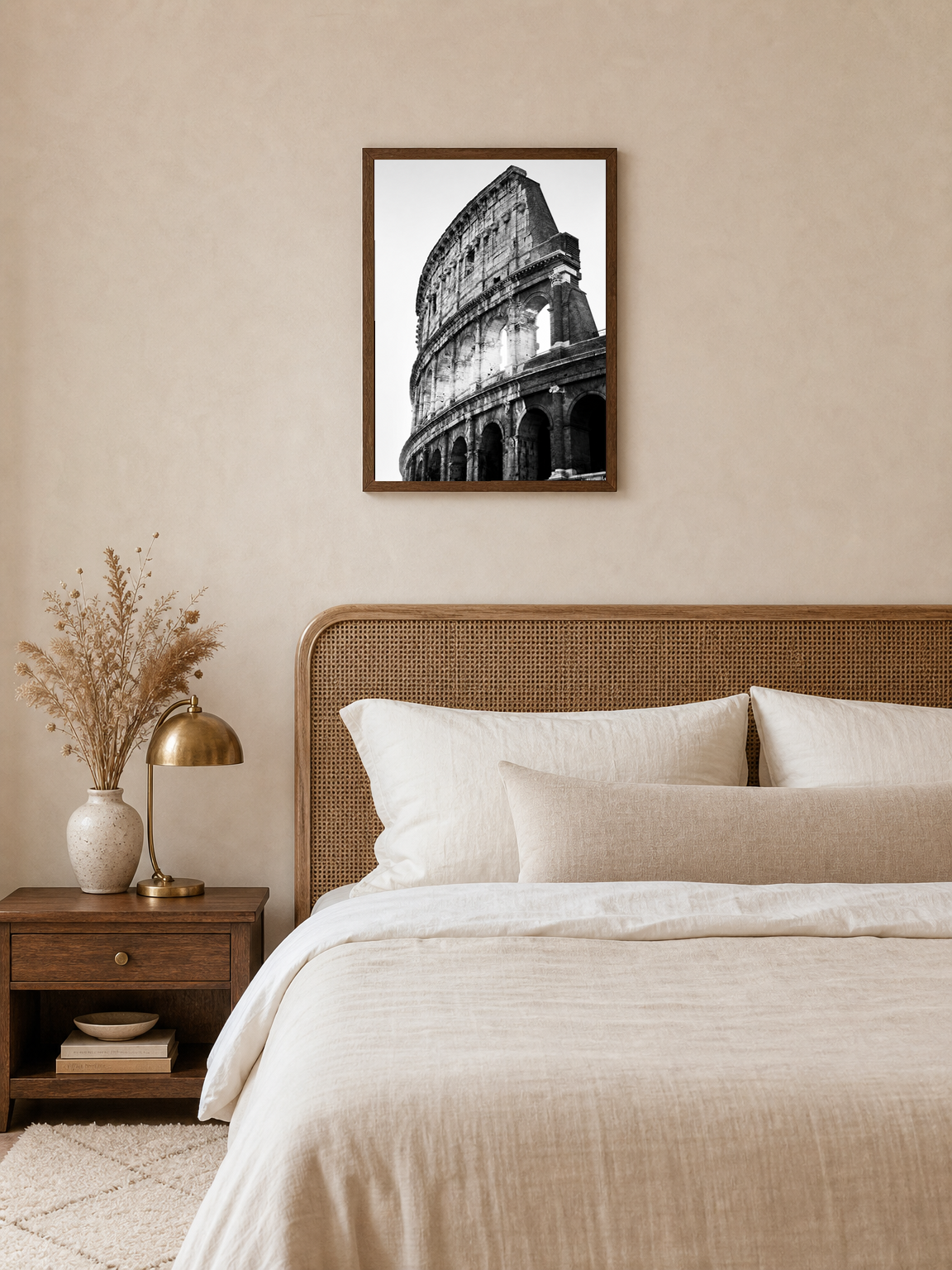 Black and White Colosseum Rome Wall Art Print - dark wood framed