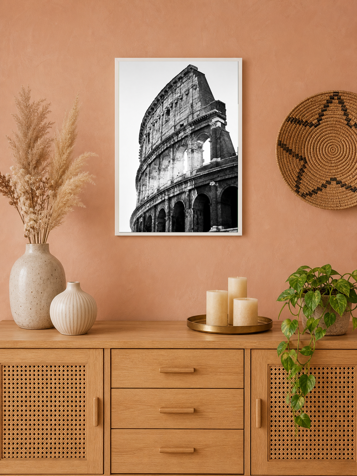 Black and White Colosseum Rome Wall Art Print - white framed