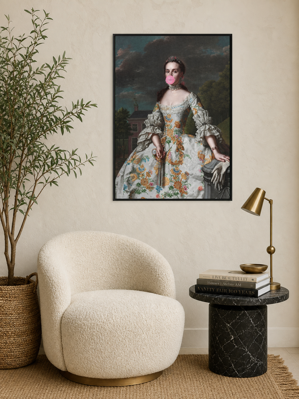 Classical Lady with Bubblegum Wall Art Print - black framed