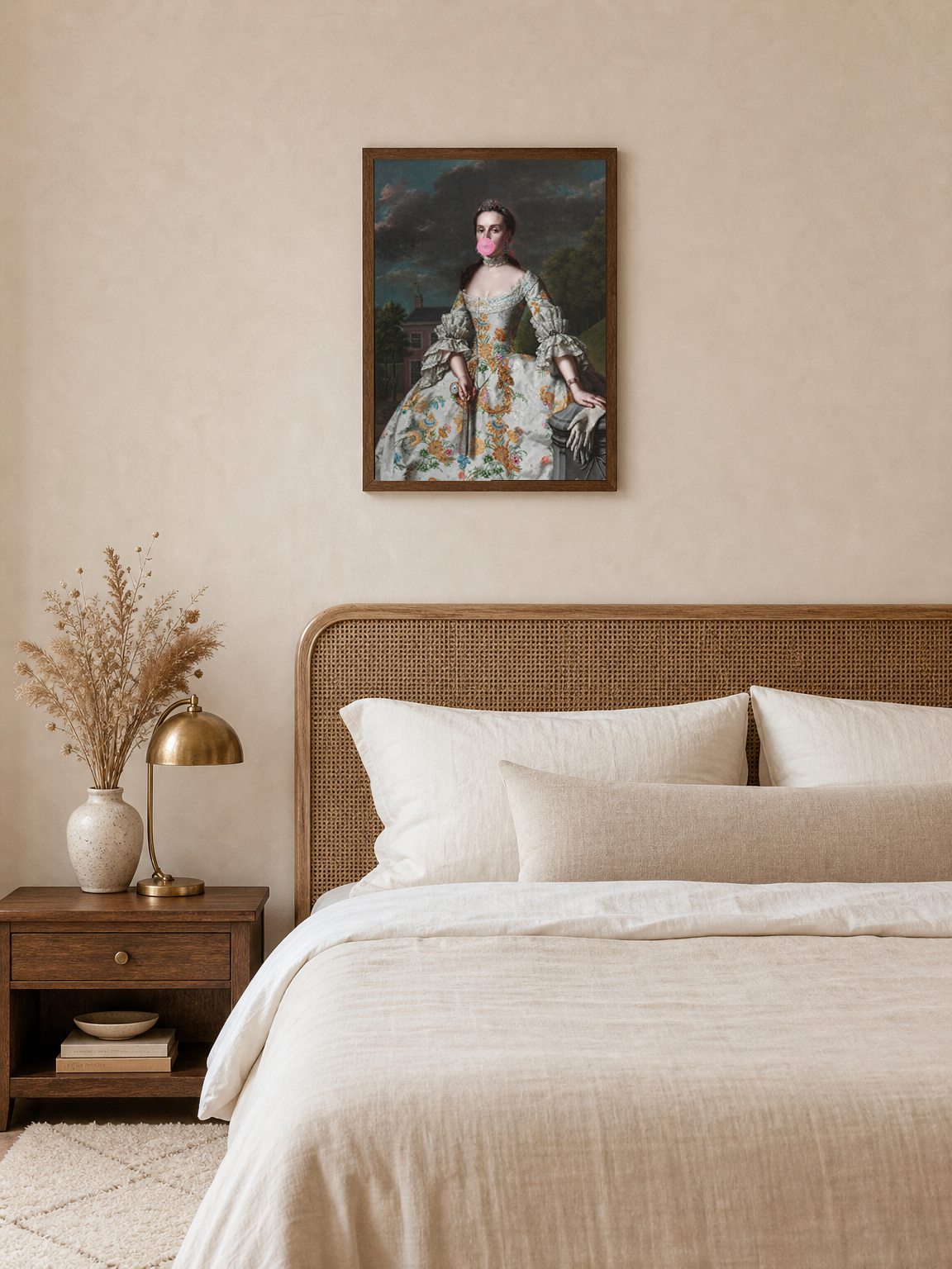 Classical Lady with Bubblegum Wall Art Print - dark wood framed