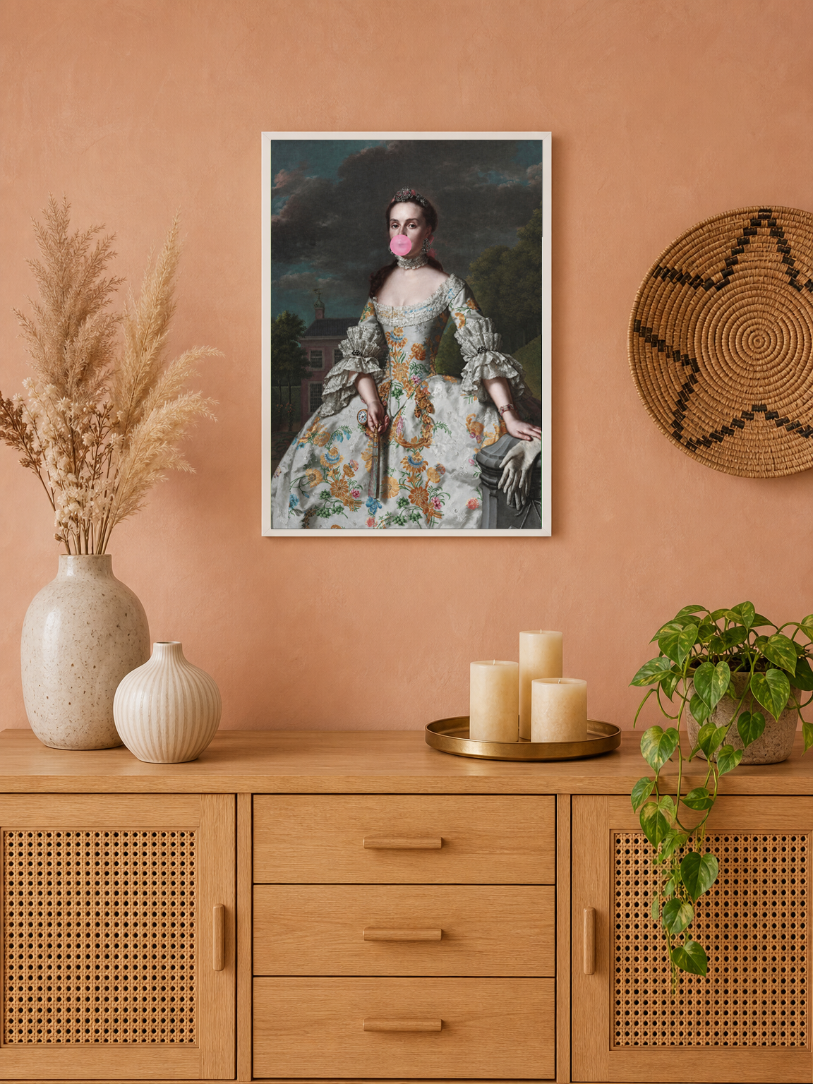 Classical Lady with Bubblegum Wall Art Print - white framed