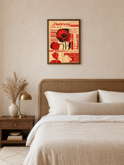 Retro Japanese Red Poppy Wall Art Print - dark wood framed