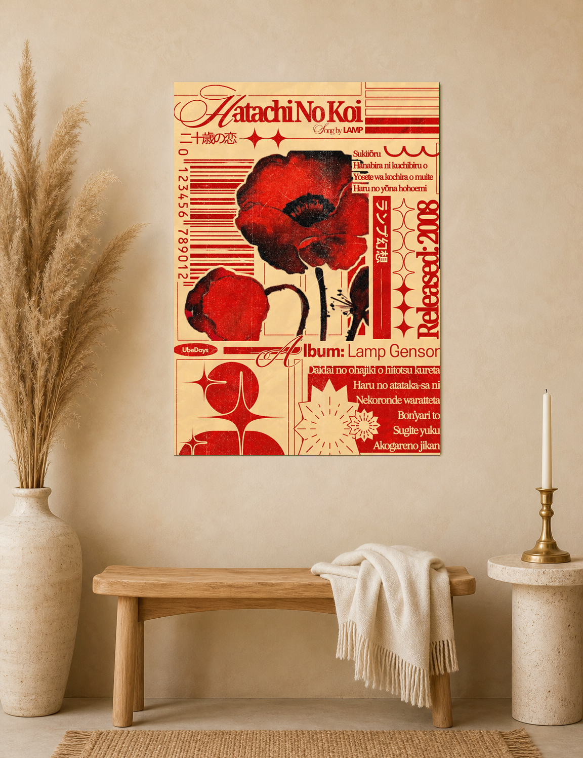 Retro Japanese Red Poppy Wall Art Print - unframed mockup