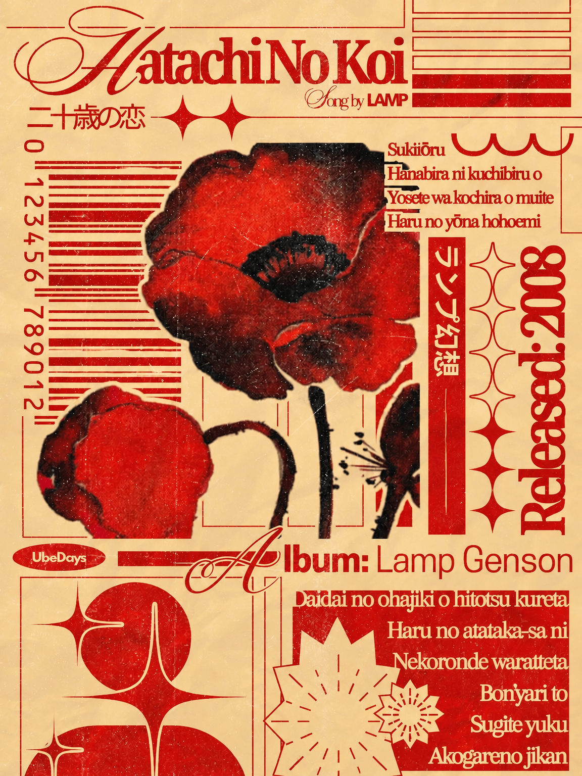 Retro Japanese Red Poppy Wall Art Print - unframed