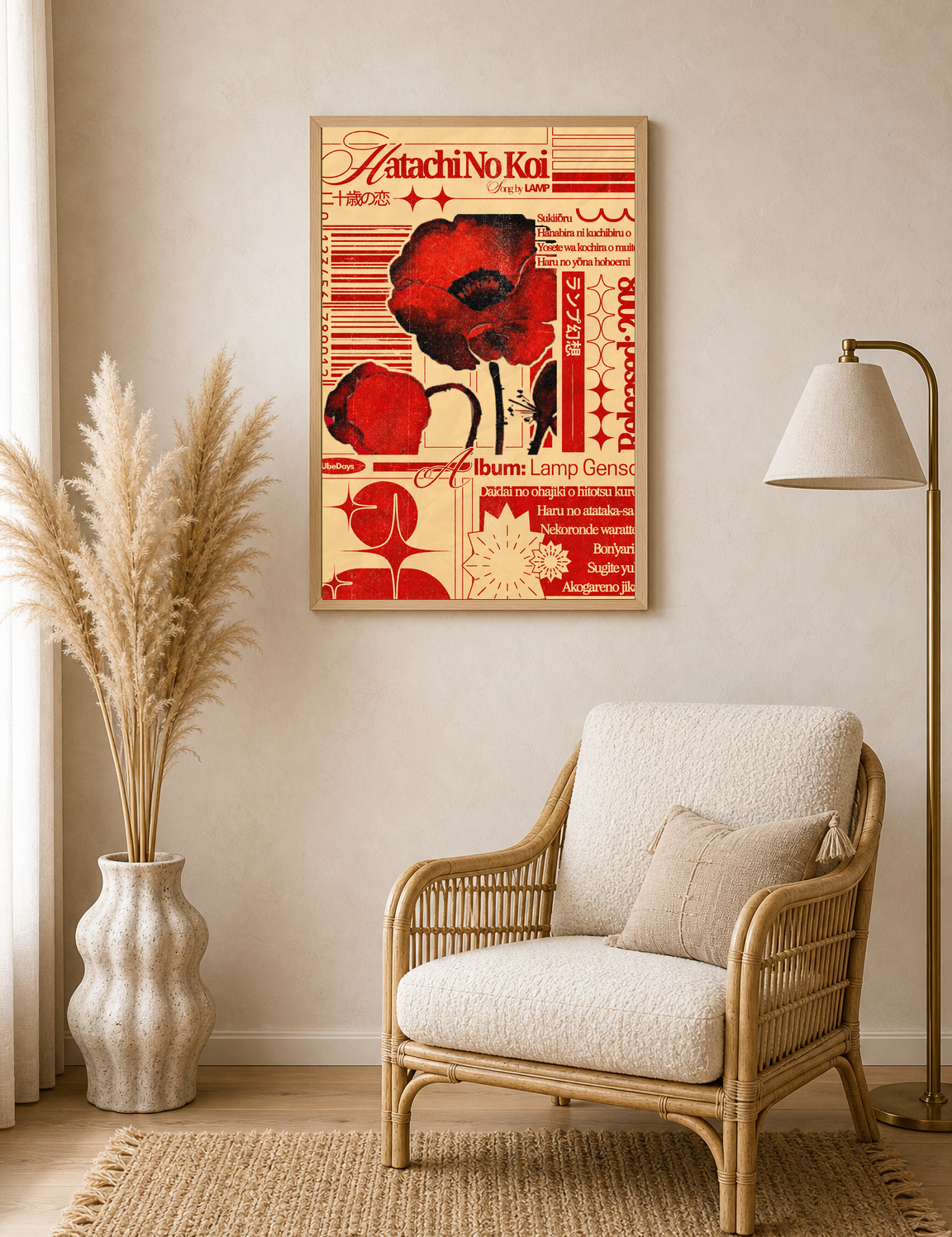 Retro Japanese Red Poppy Wall Art Print - wood framed poster