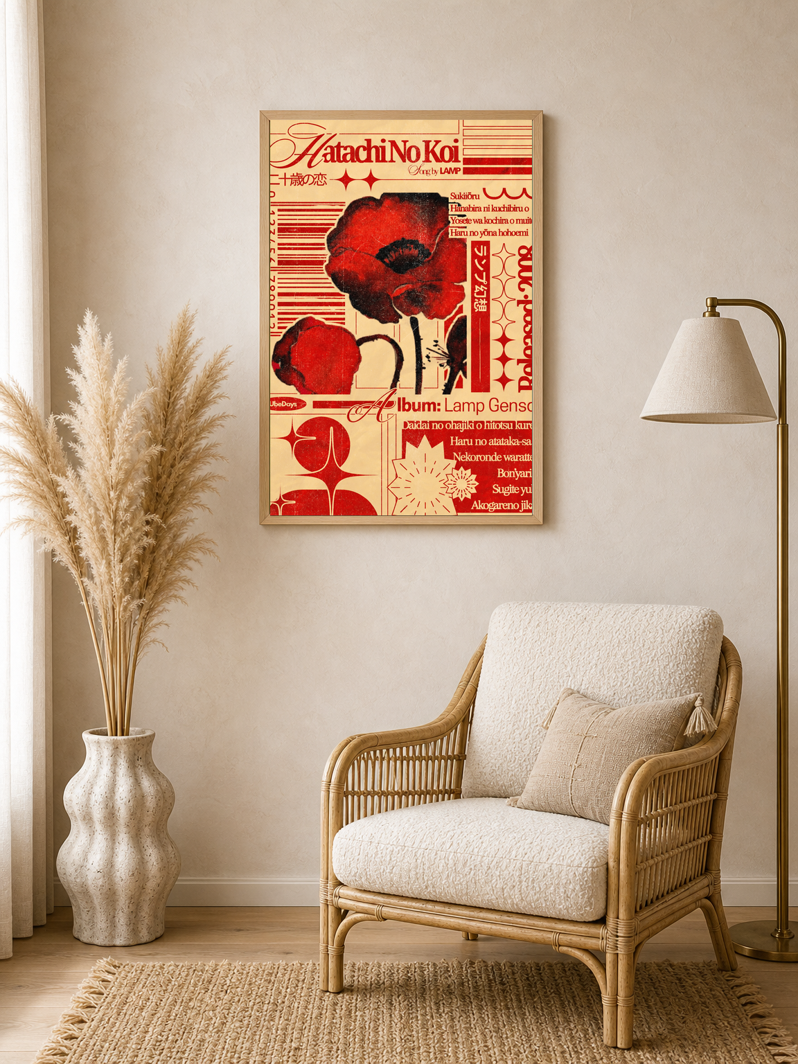 Retro Japanese Red Poppy Wall Art Print - wood framed poster