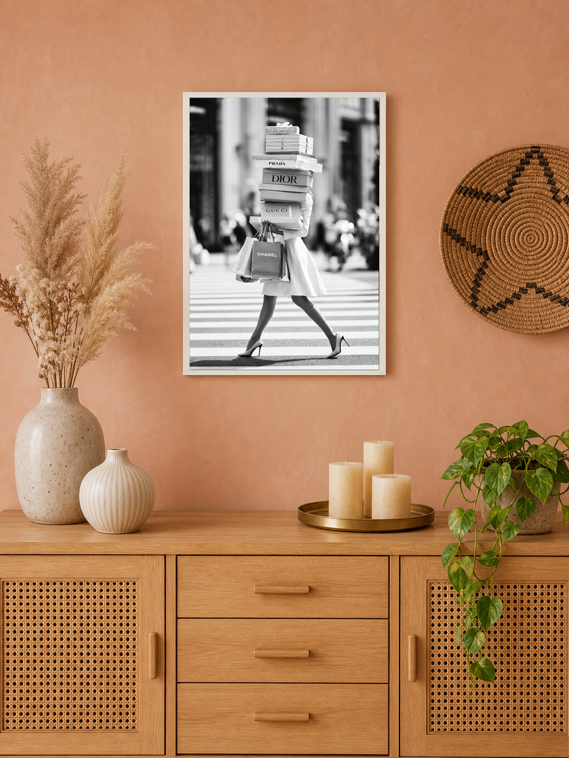 Chic Shopping City Wall Art Print - white framed