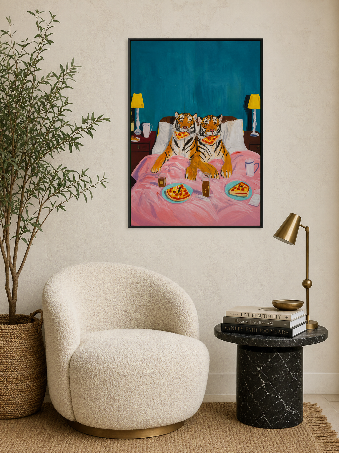 Tigers Eating Pizza in Bed Wall Art Print - black framed
