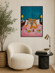 Tigers Eating Pizza in Bed Wall Art Print - black framed