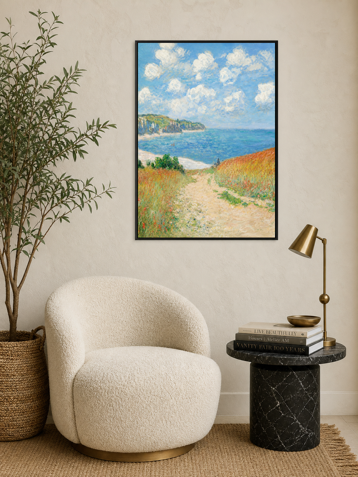 Coastal Cliff Path Seascape Wall Art Print - black framed