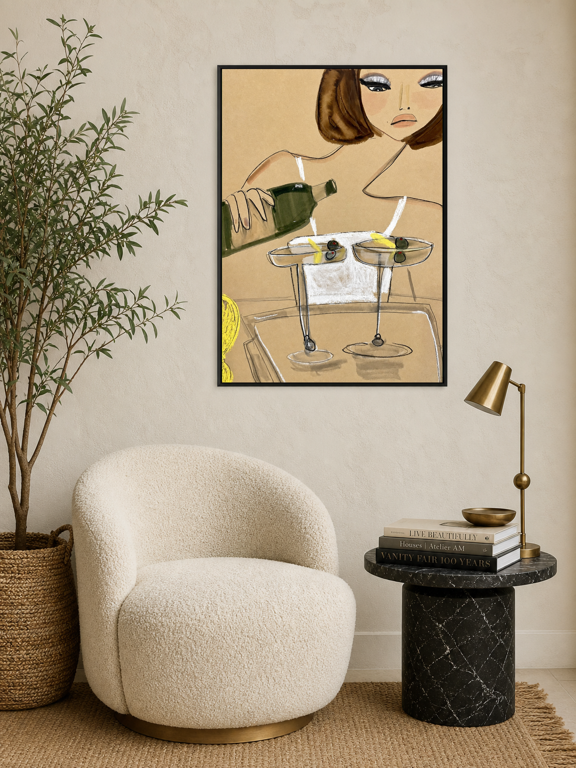 Chic Cocktail Woman Wall Art Print - black framed