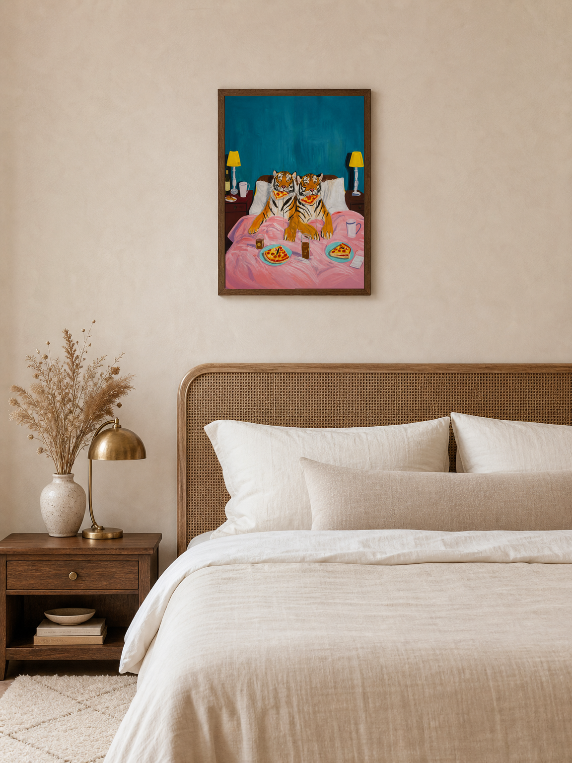 Tigers Eating Pizza in Bed Wall Art Print - dark wood framed
