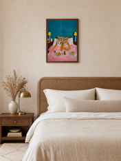 Tigers Eating Pizza in Bed Wall Art Print - dark wood framed