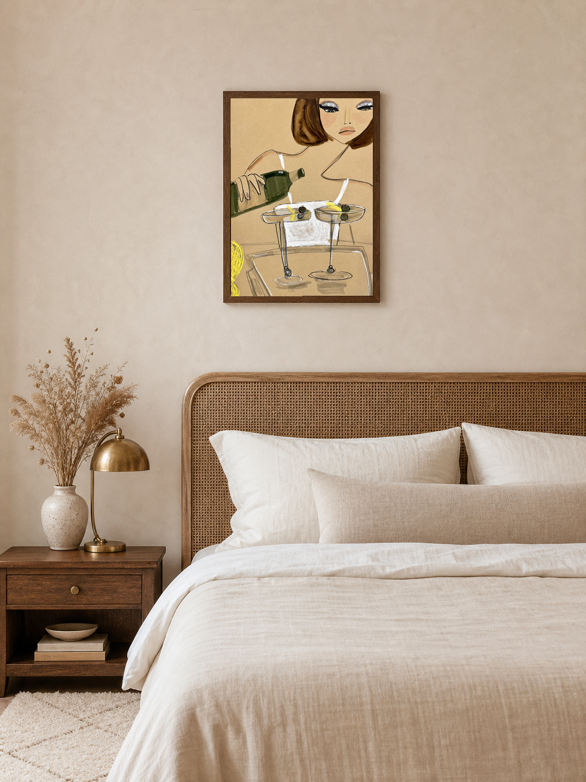 Chic Cocktail Woman Wall Art Print - dark wood framed