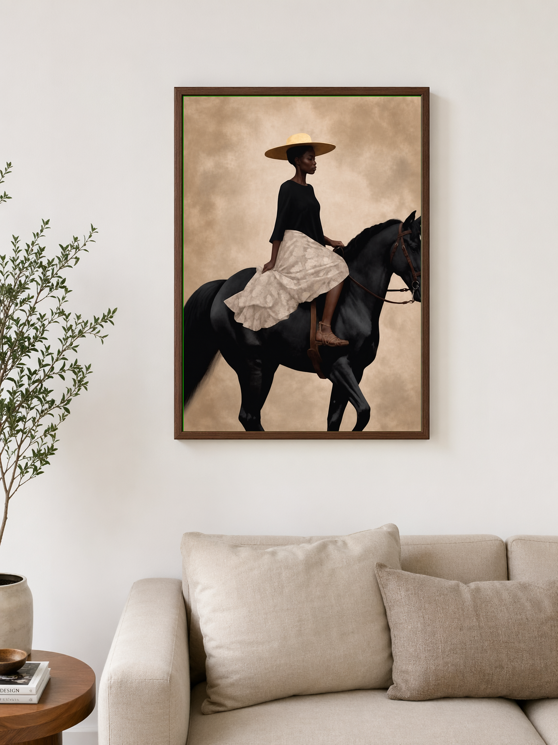 Elegant Woman on Horse Wall Art Print - dark wood framed