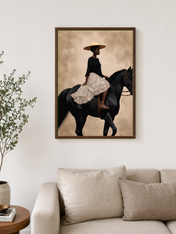 Elegant Woman on Horse Wall Art Print - dark wood framed