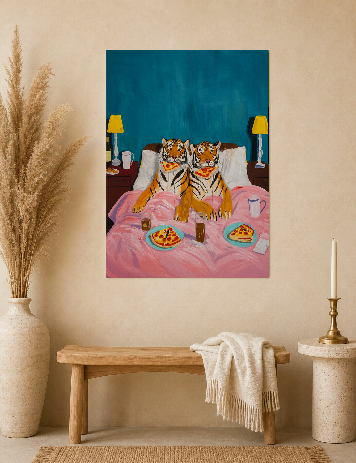 Tigers Eating Pizza in Bed Wall Art Print - unframed mockup