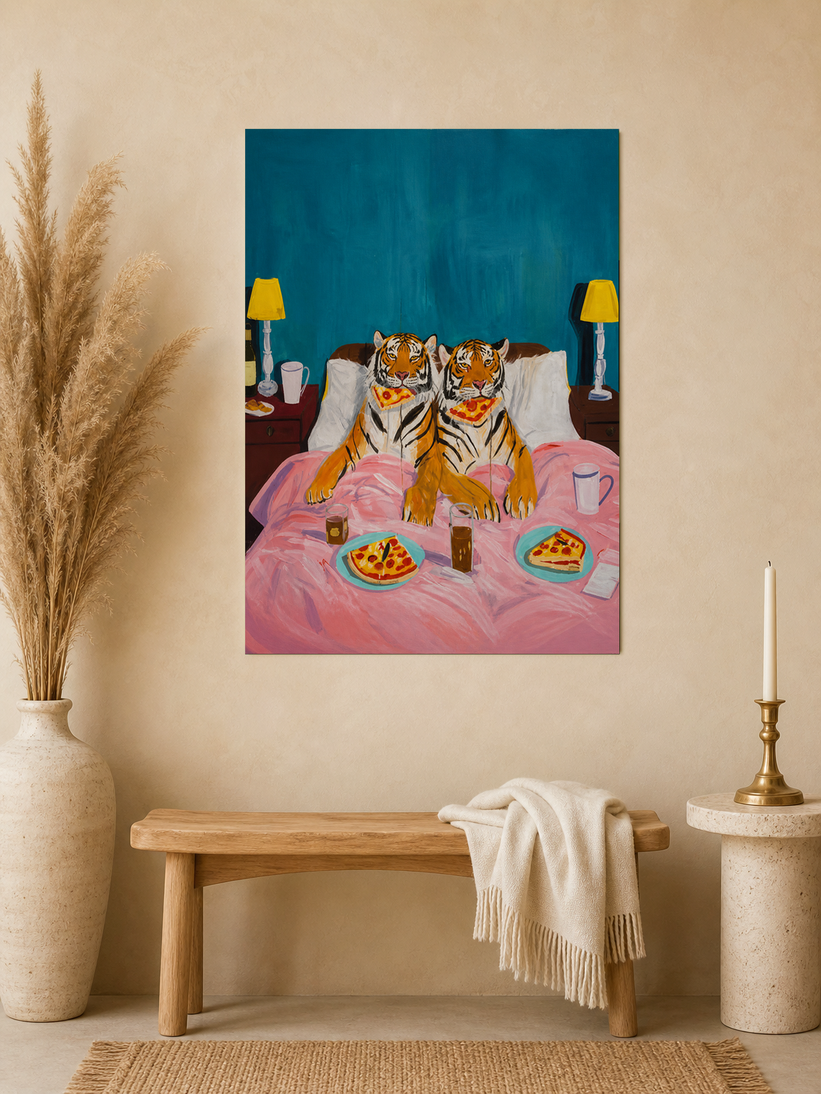 Tigers Eating Pizza in Bed Wall Art Print - unframed mockup