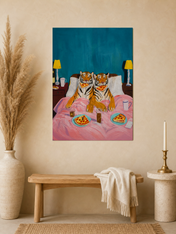 Tigers Eating Pizza in Bed Wall Art Print - unframed mockup