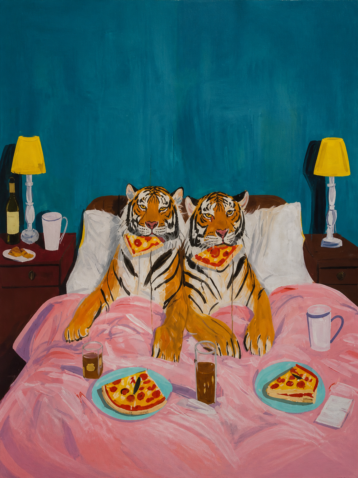 Tigers Eating Pizza in Bed Wall Art Print - unframed