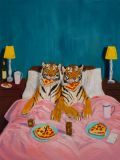 Tigers Eating Pizza in Bed Wall Art Print - unframed