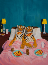 Tigers Eating Pizza in Bed Wall Art Print