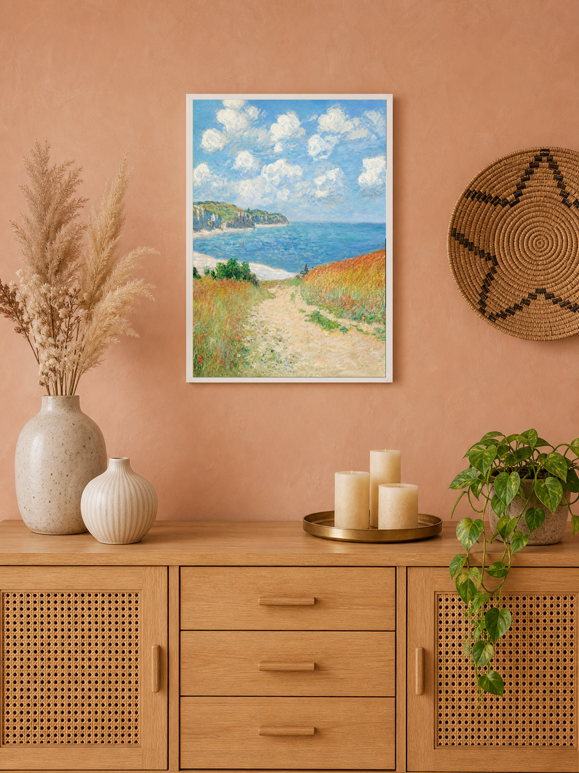 Coastal Cliff Path Seascape Wall Art Print - white framed