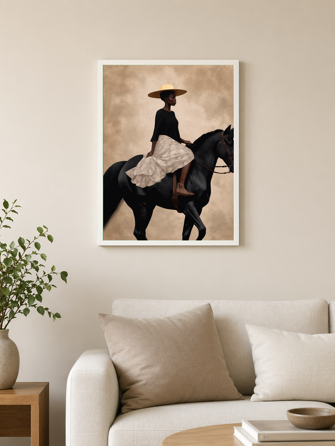 Elegant Woman on Horse Wall Art Print - white framed