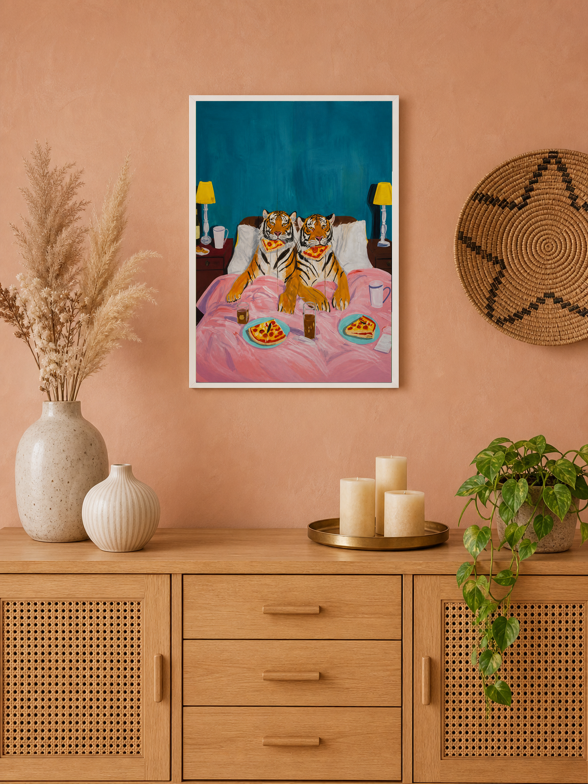 Tigers Eating Pizza in Bed Wall Art Print - white framed