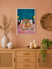 Tigers Eating Pizza in Bed Wall Art Print - white framed