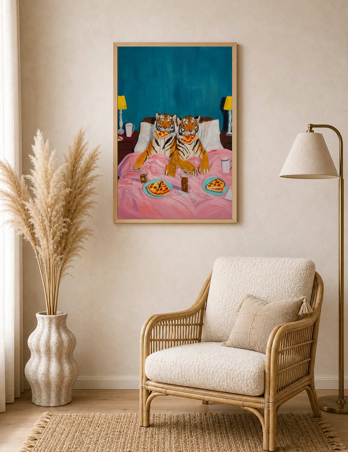 Tigers Eating Pizza in Bed Wall Art Print - wood framed poster