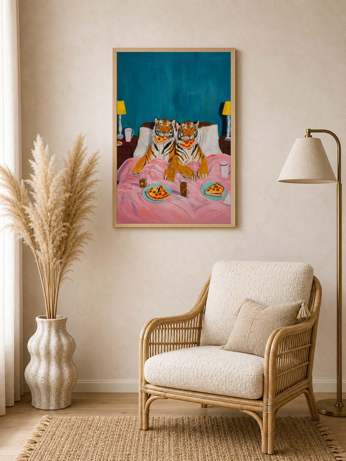 Tigers Eating Pizza in Bed Wall Art Print - wood framed poster