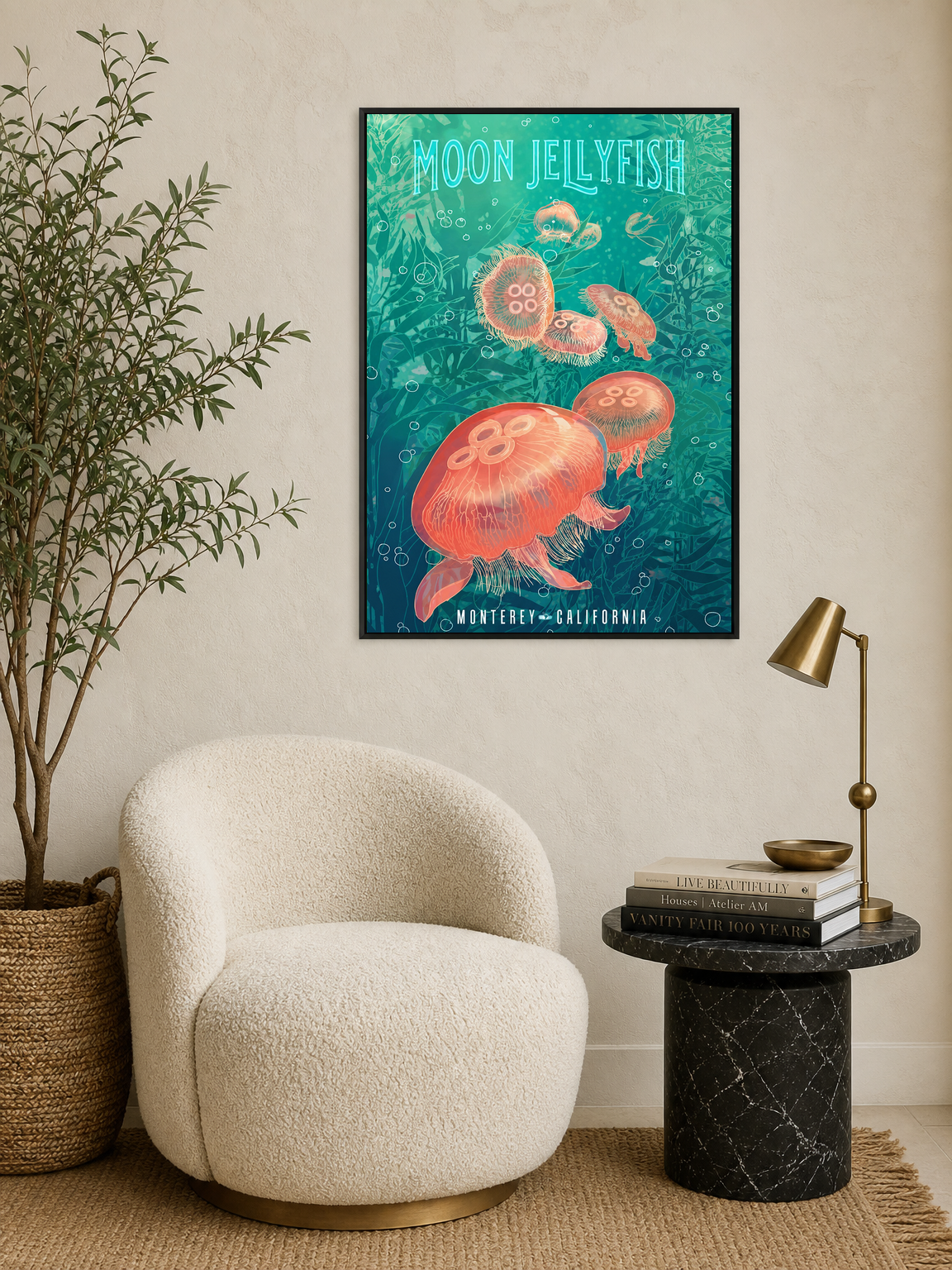 Moon Jellyfish Monterey California Wall Art Print - black framed