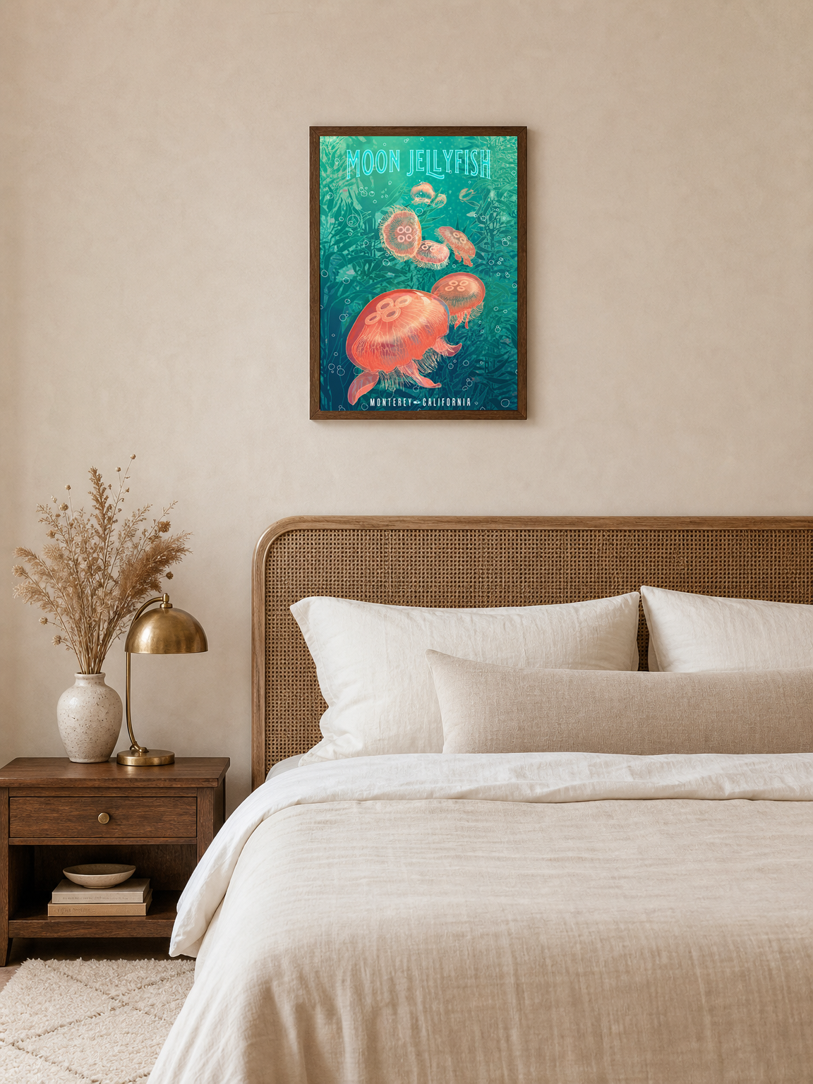 Moon Jellyfish Monterey California Wall Art Print - dark wood framed