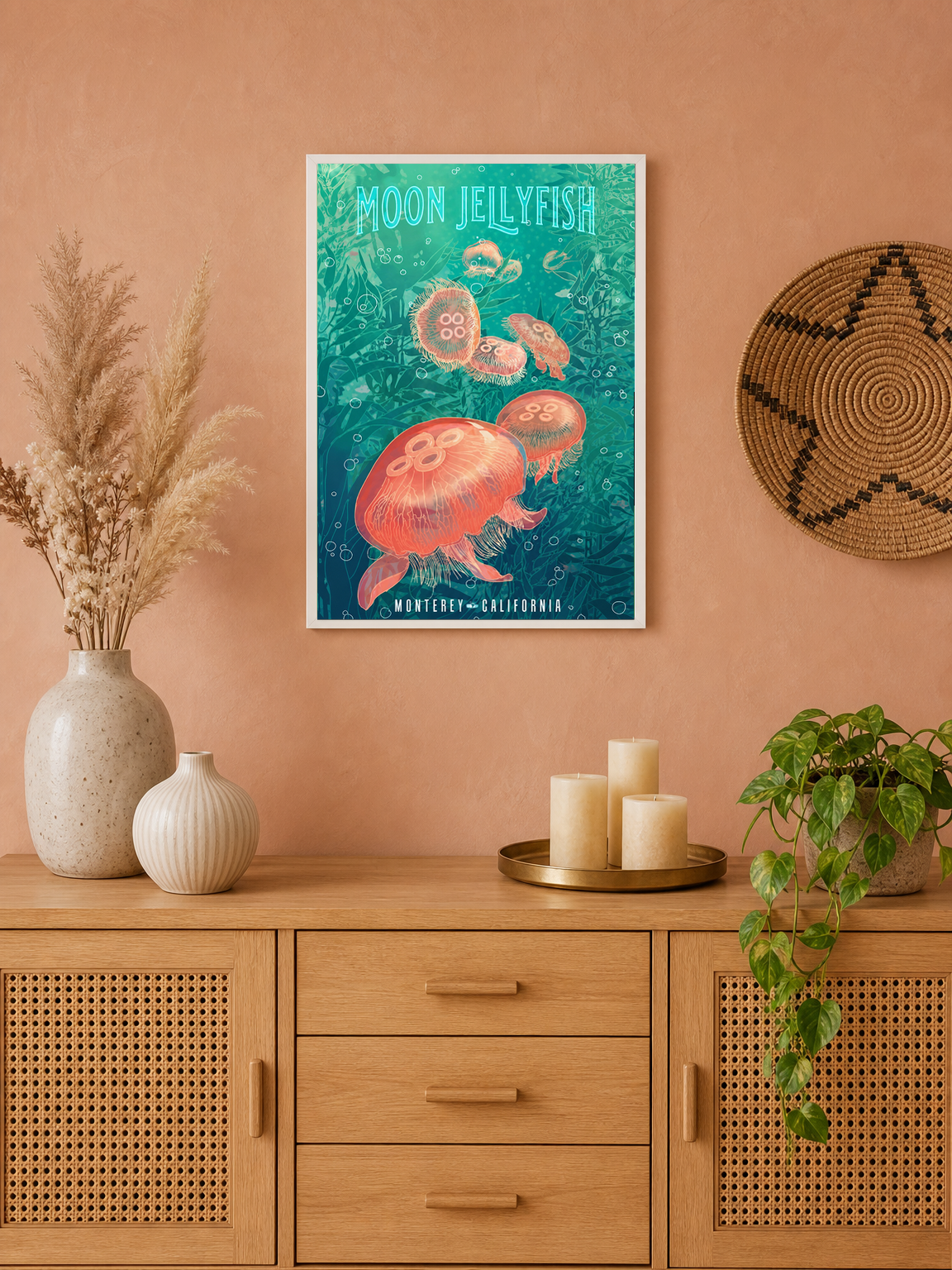 Moon Jellyfish Monterey California Wall Art Print - white framed