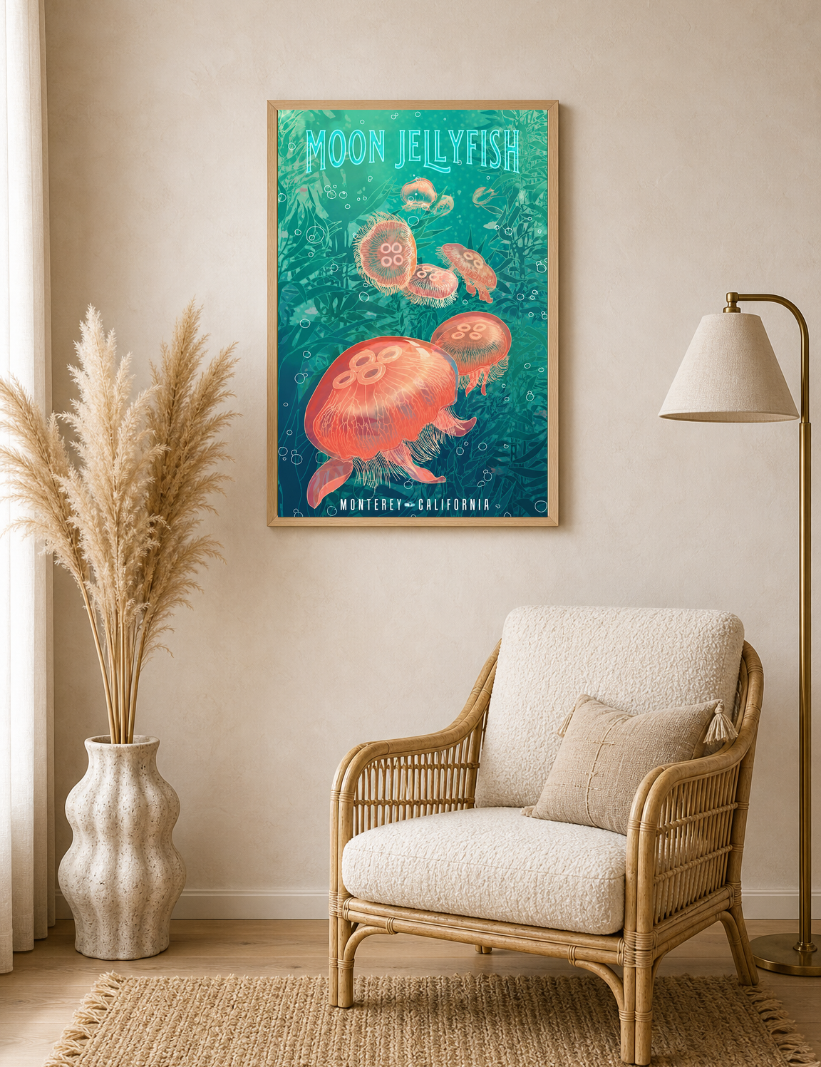Moon Jellyfish Monterey California Wall Art Print - wood framed poster