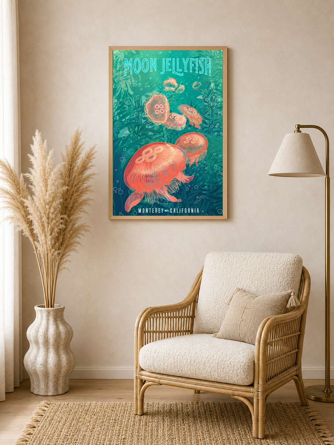 Moon Jellyfish Monterey California Wall Art Print - wood framed poster