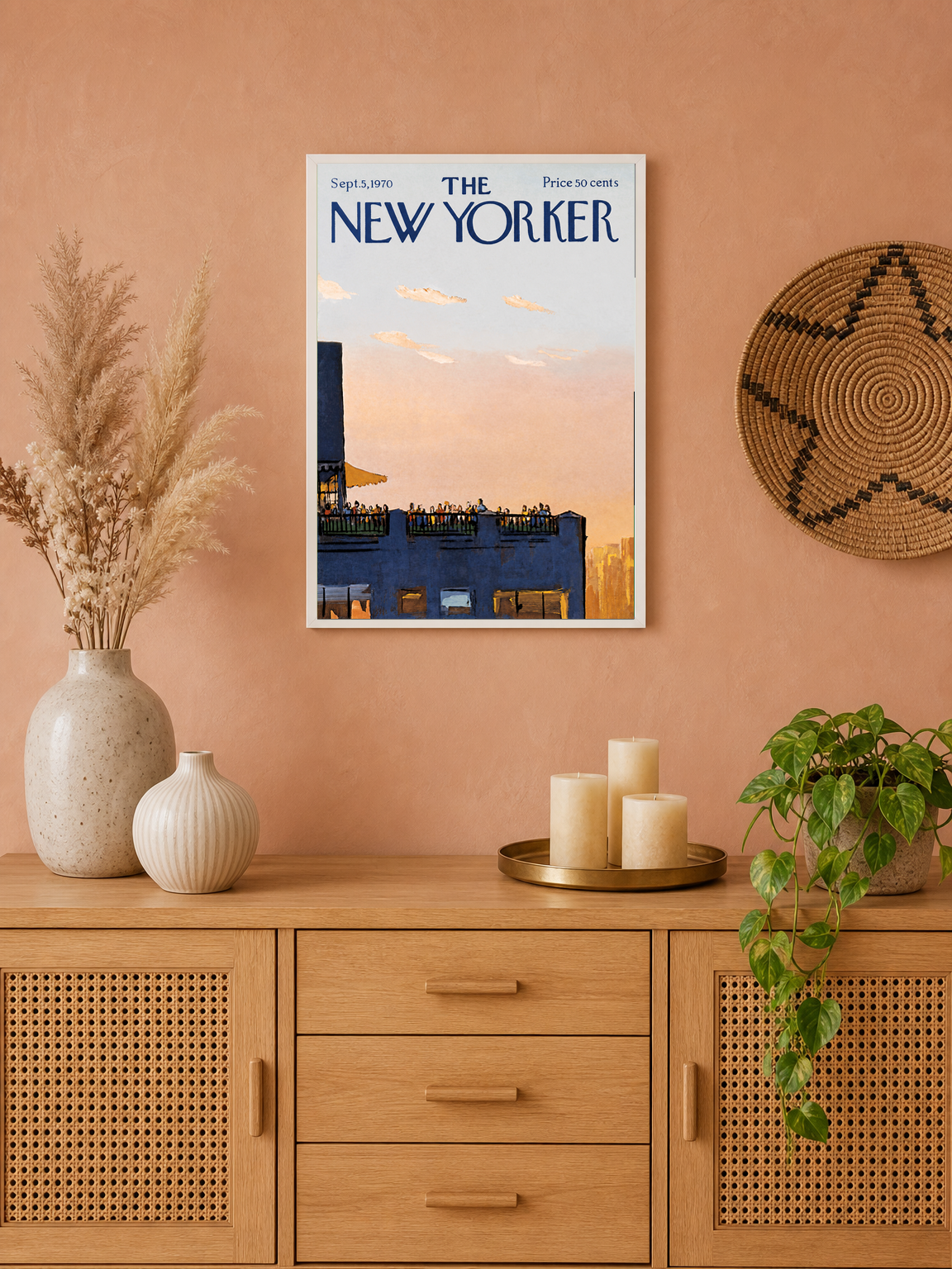 New Yorker Rooftop Sunset Wall Art Print - white framed