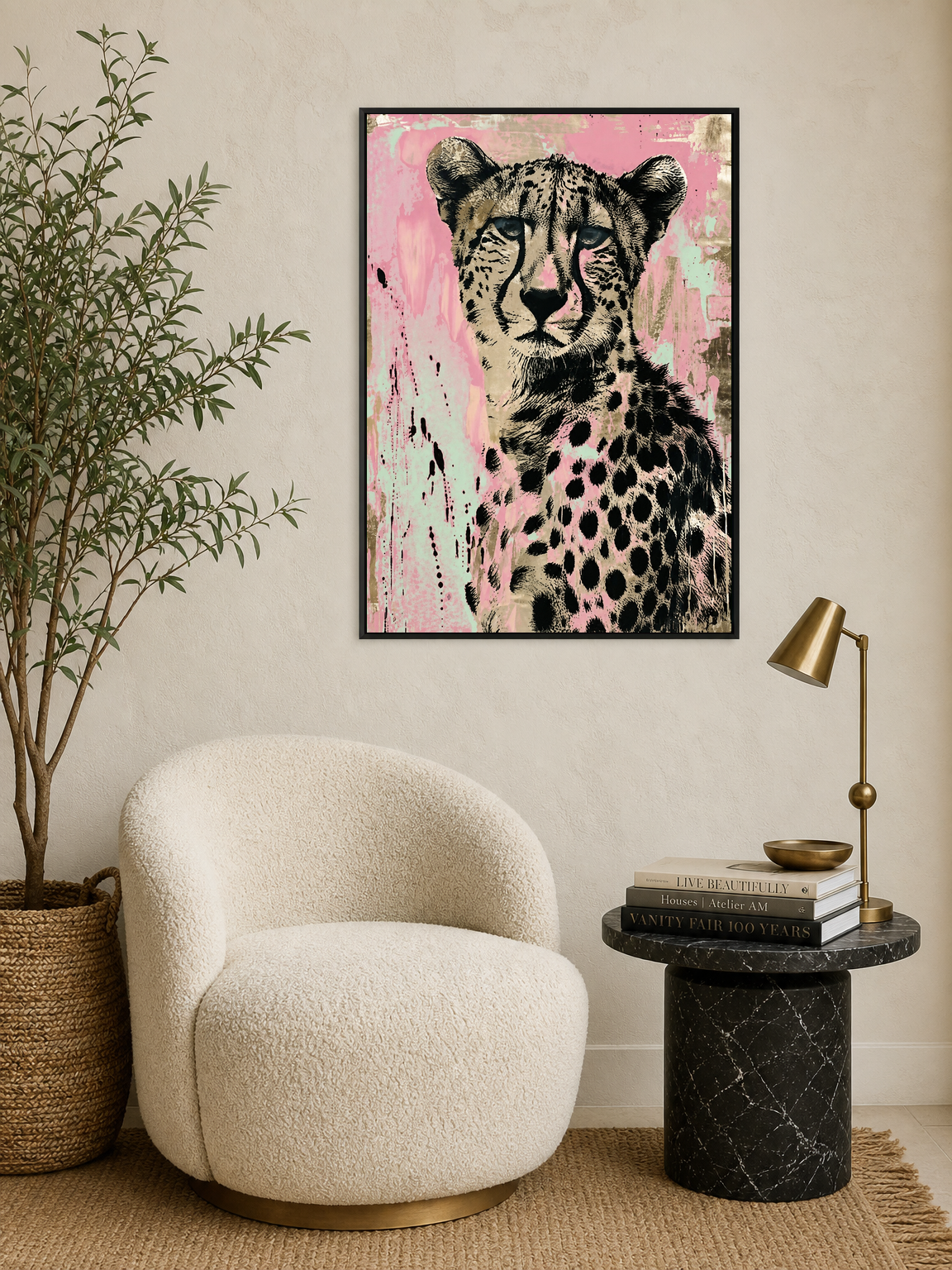 Pink Cheetah Wall Art Print Animal Portrait - black framed