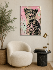Pink Cheetah Wall Art Print Animal Portrait - black framed