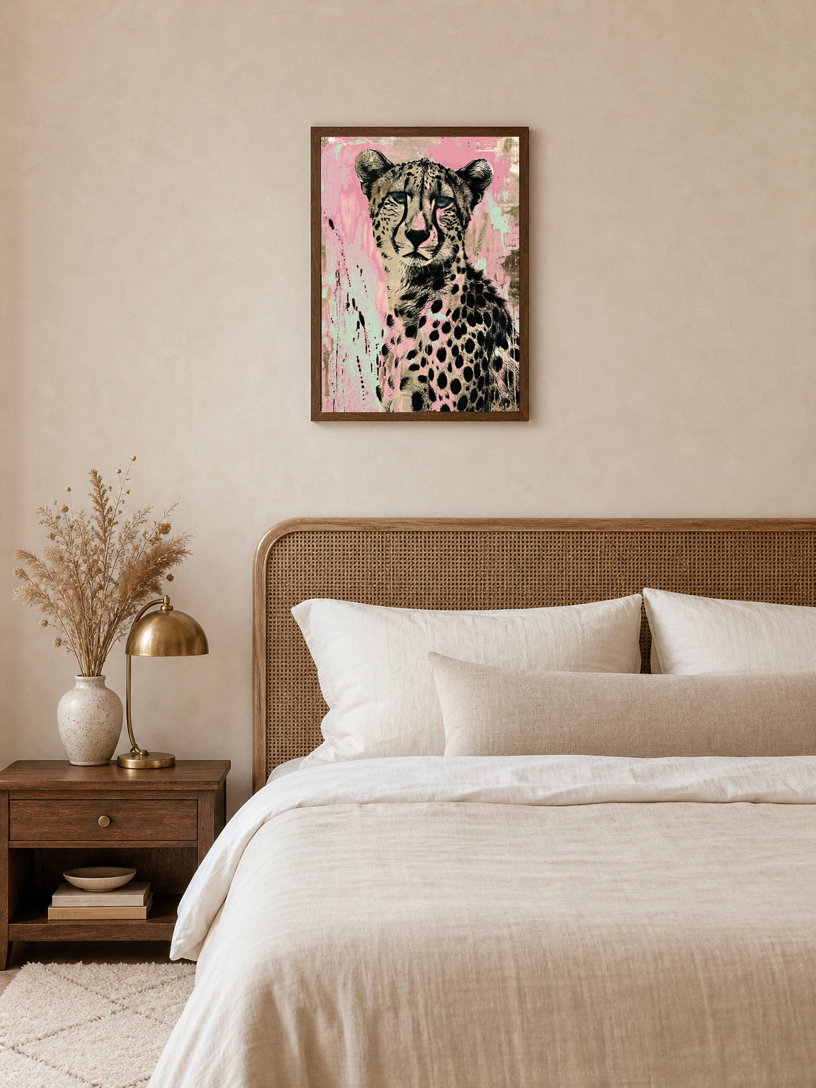 Pink Cheetah Wall Art Print Animal Portrait - dark wood framed