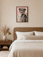 Pink Cheetah Wall Art Print Animal Portrait - dark wood framed