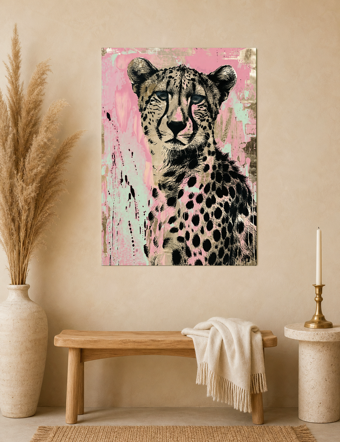 Pink Cheetah Wall Art Print Animal Portrait - unframed mockup