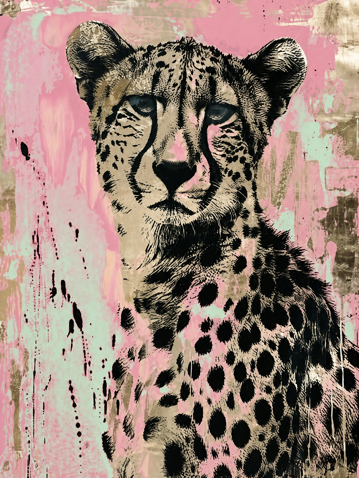 Pink Cheetah Wall Art Print Animal Portrait - unframed