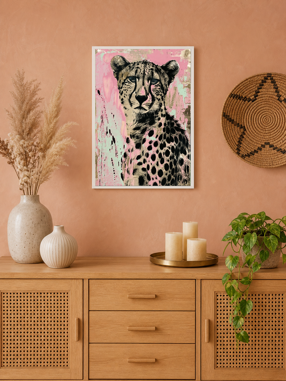 Pink Cheetah Wall Art Print Animal Portrait - white framed