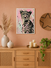 Pink Cheetah Wall Art Print Animal Portrait - white framed