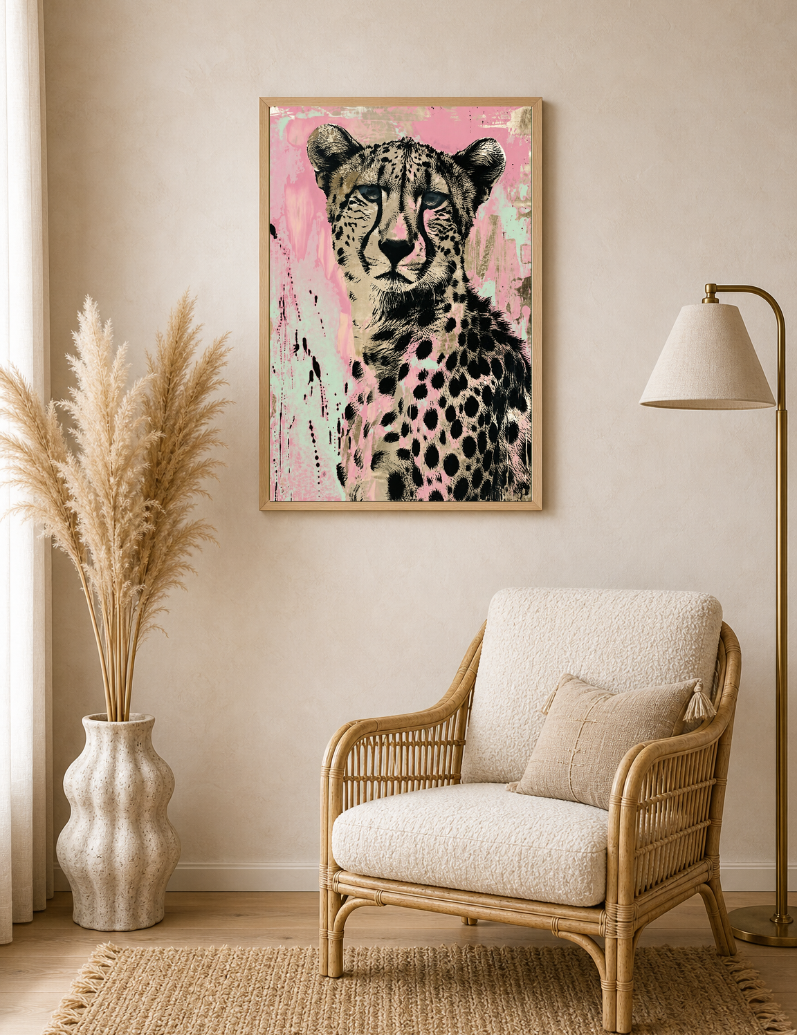 Pink Cheetah Wall Art Print Animal Portrait - wood framed poster