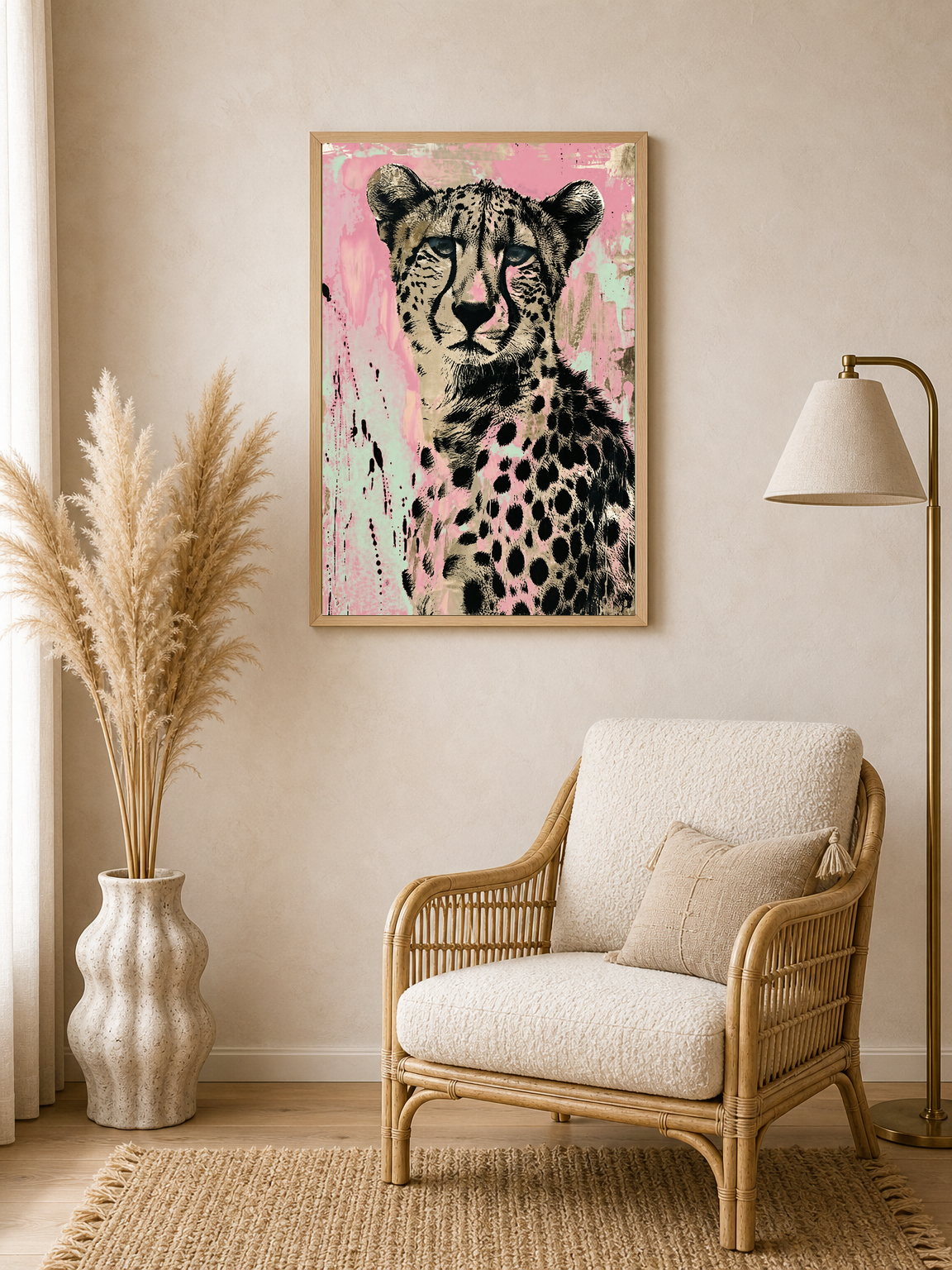 Pink Cheetah Wall Art Print Animal Portrait - wood framed poster