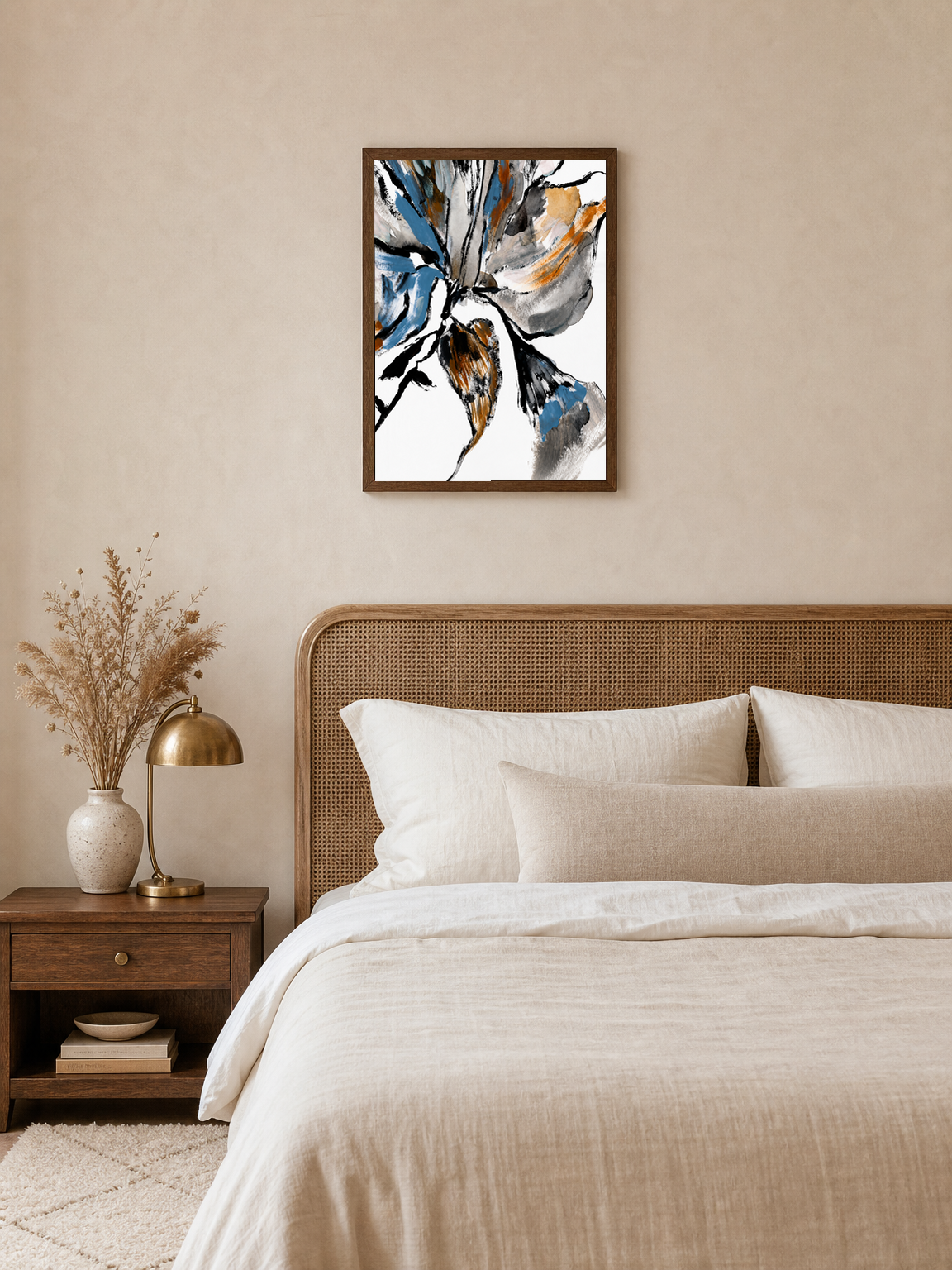 Abstract Floral Brushstroke Wall Art Print - dark wood framed